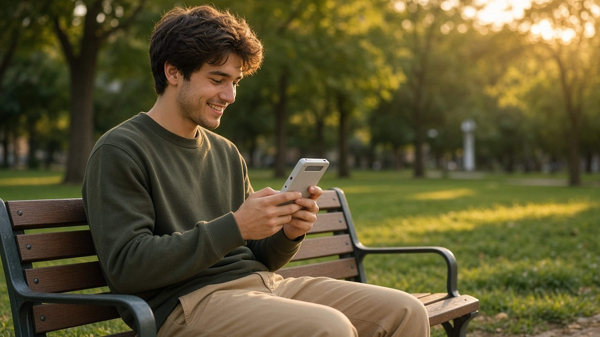 Jonge man zit op een bankje in het park en speelt op een retro handheld