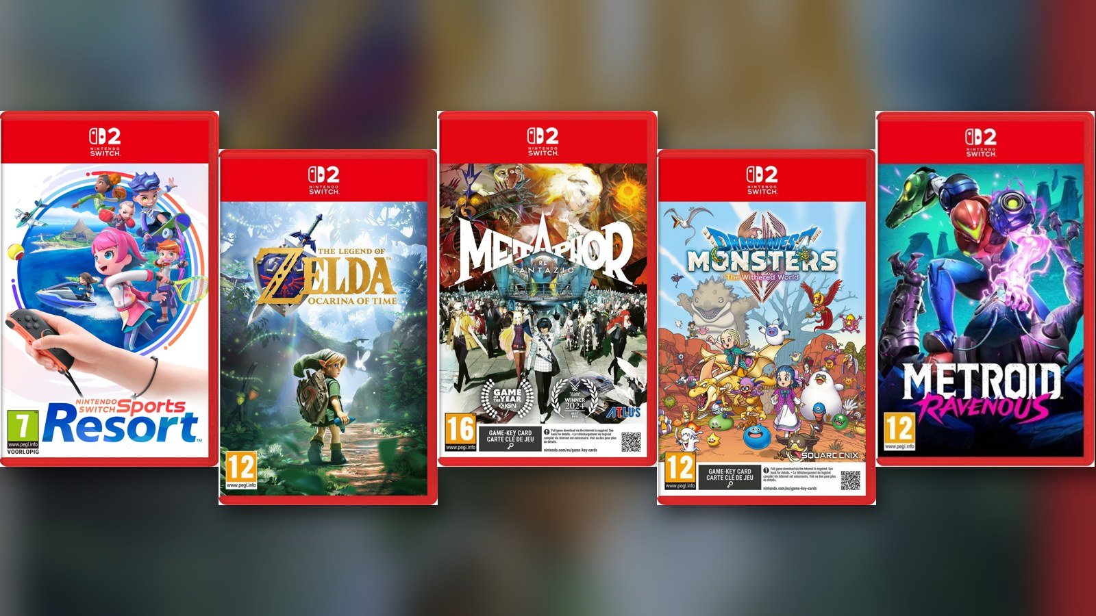 Hoezen van Switch Sports Resort, Zelda: Ocarina of Time, Metaphor: ReFantazio, Dragon Quest Monsters en Metroid Ravenous voor Nintendo Switch 2
