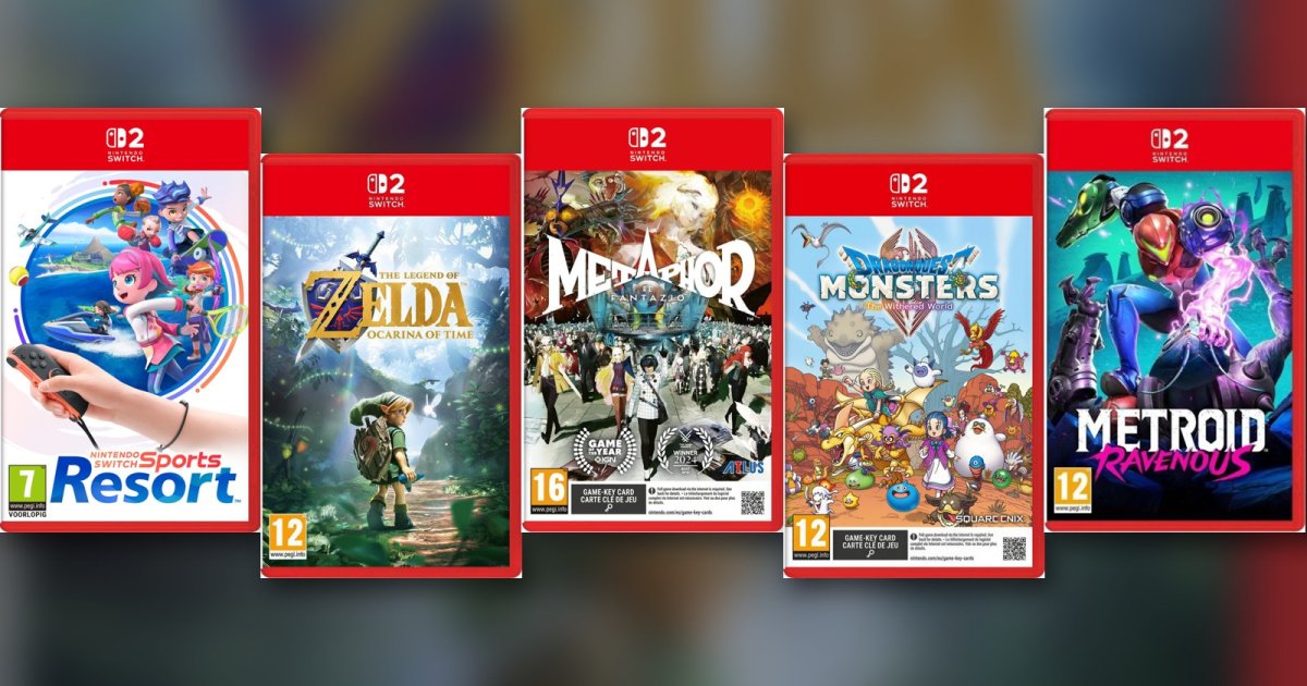 Hoezen van Switch Sports Resort, Zelda: Ocarina of Time, Metaphor: ReFantazio, Dragon Quest Monsters en Metroid Ravenous voor Nintendo Switch 2