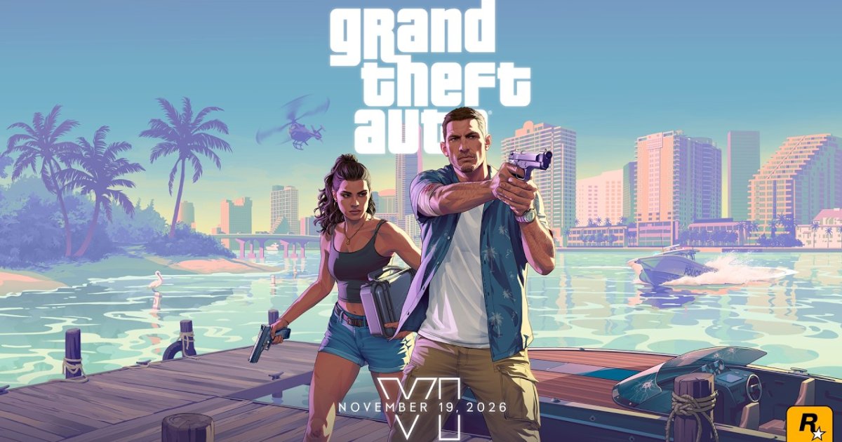 Officiële artwork van Grand Theft Auto VI met Jason en Lucia
