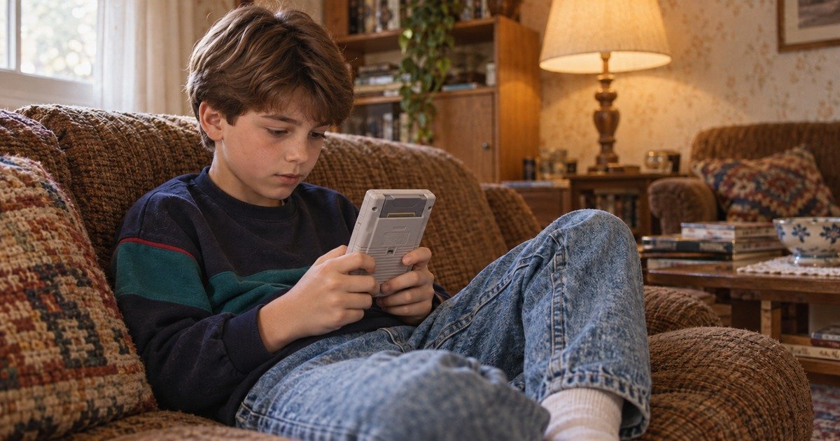 Jonge vrouw speelt op een klassieke grijze Game Boy in een gezellige woonkamer met warm avondlicht